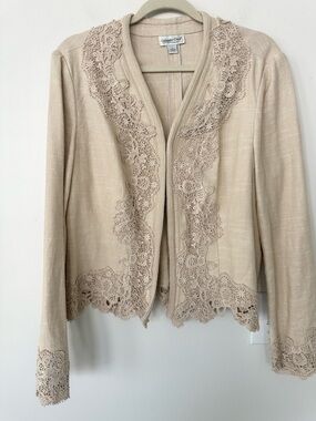 Coldwater Creek beige linen blend boho lace crochet jacket L